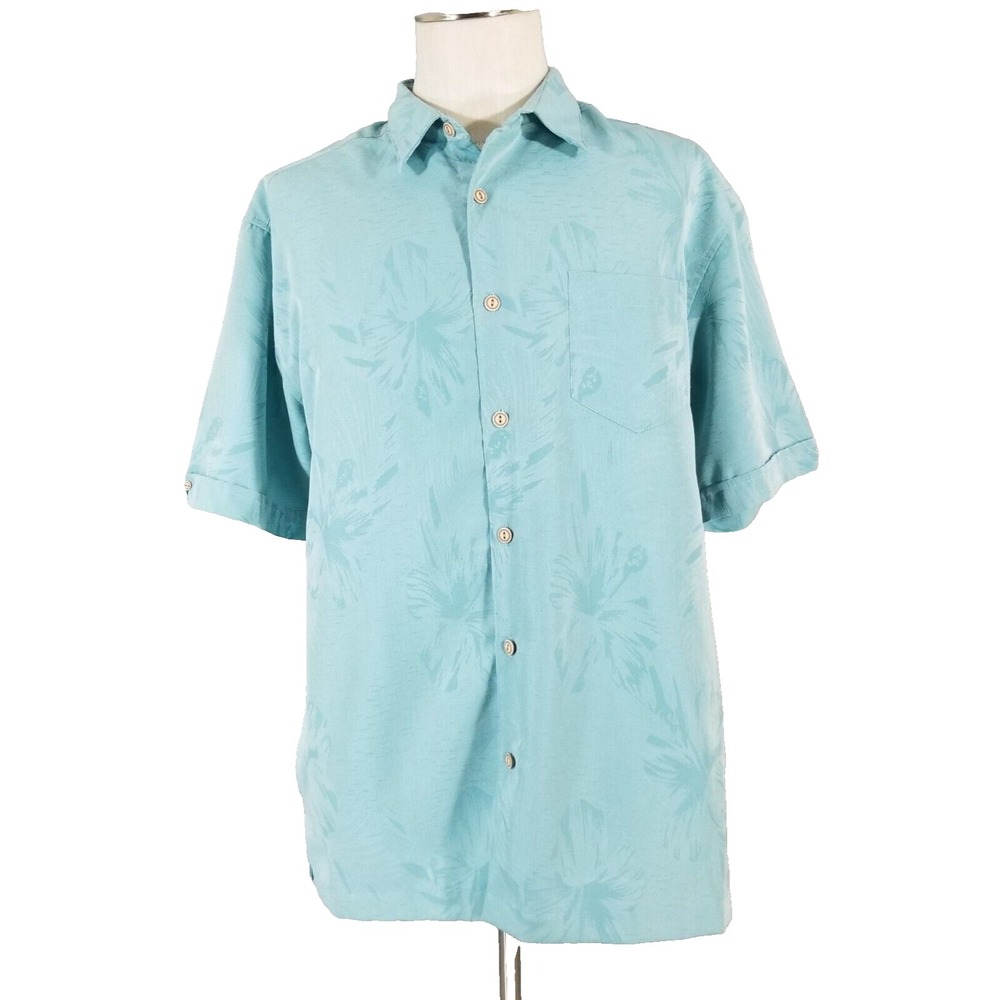 Cubavera Button-Up Men Large Blue Hawaiian Floral Short Sleeve Tropical Shirt